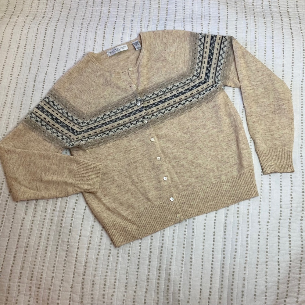 Valerie Stevens Lambs Wool Nordic Fair Isle Cozy Sweater Cardigan Sz M